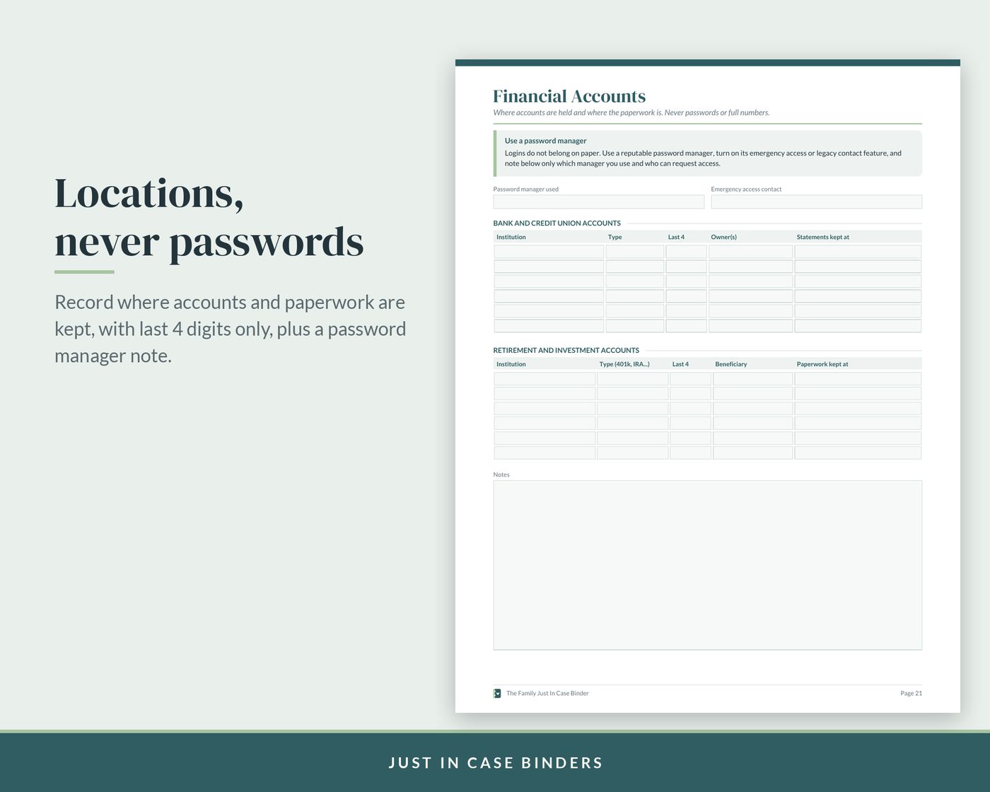 Financial accounts page, locations only